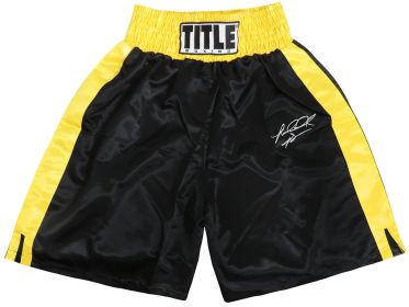 Riddick Bowe Signed Title Black & Gold Trim Boxing Trunks