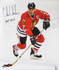 Chris Chelios Signed Chicago Blackhawks With Puck Action Photo w/HOF 2013