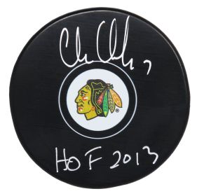 Chris Chelios Signed Blackhawks Hockey Puck w/Hall of Fame 2013