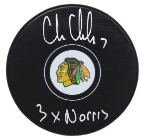 Chris Chelios Signed Chicago Blackhawks Logo Hockey Puck w/3x Norris