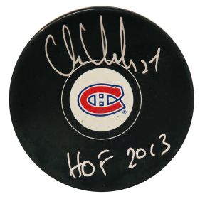 Chris Chelios Signed Montreal Canadiens Logo Hockey Puck w/Hall of Fame 2013