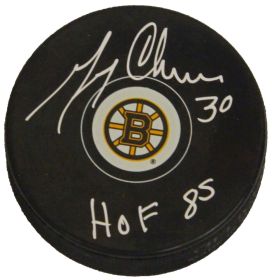 Gerry Cheevers Signed Boston Bruins Logo Hockey Puck w/Hall of Fame '85