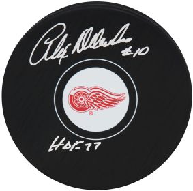 Alex Delvecchio Signed Red Wings Team Logo Hockey Puck w/Hall of Fame '77