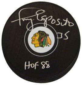 Tony Esposito Signed Chicago Blackhawks Logo Hockey Puck w/HOF