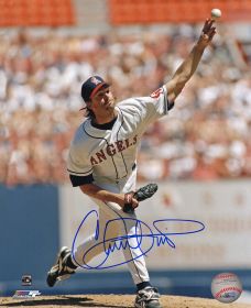 Chuck Finley Signed Angels White Jersey Pitching Photo