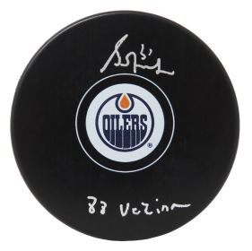 Grant Fuhr Signed Edmonton Oilers Logo Hockey Puck 1988