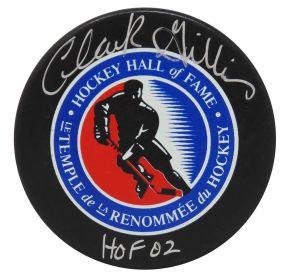 Clark Gillies Signed Hall of Fame Logo Hockey Puck w/HOF'02