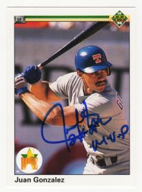 Juan Gonzalez Signed Texas Rangers Upper Deck Rookie Baseball Card w/2x AL MVP