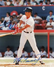 Mike Greenwell Signed Boston Red Sox White Jersey Swing Photo